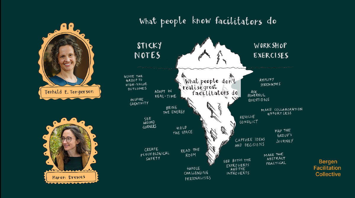 an iceberg showing that facilitation is more than sticky notes and workshop exercises